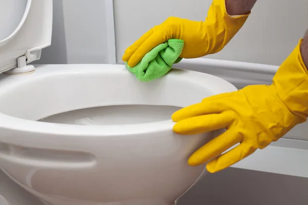 Man Yellow Rubber Gloves Cleaning Toilet Green Cloth Stock Picture