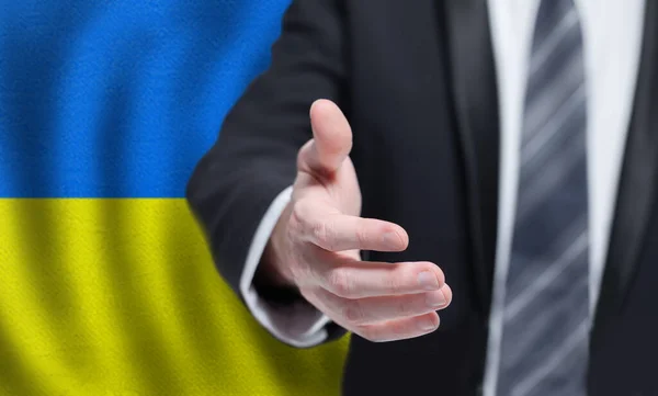 Ukrainian Business Politics Cooperation Travel Concept Hand Flag Ukraine Background —  Fotos de Stock