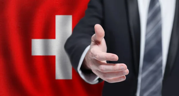 Swiss Business Politics Cooperation Travel Concept Hand Flag Switzerland Background — Stock Fotó