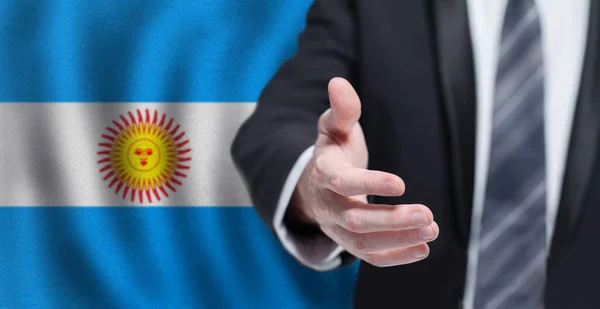 Деловые Рукопожатия Согласования Совместных Бизнес Соглашений Будущем Фоне Флага Аргентины — стоковое фото