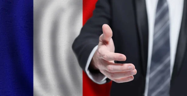 Концепция Бизнеса Политики Сотрудничества Путешествий Франции Рука Фоне Французского Флага — стоковое фото