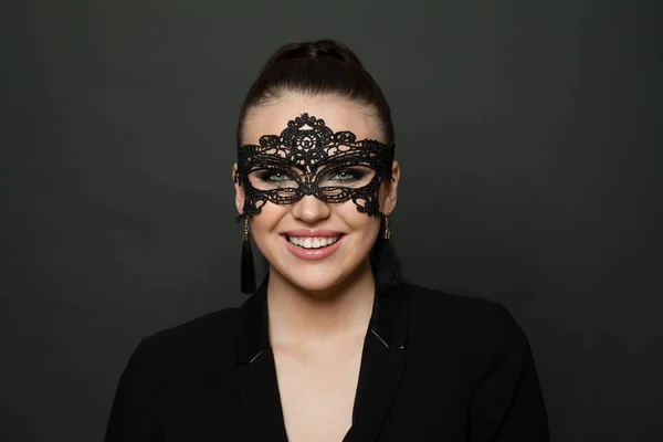 Portrait Attractive Woman Carnival Black Mask Smiling Cheerfully — Foto Stock