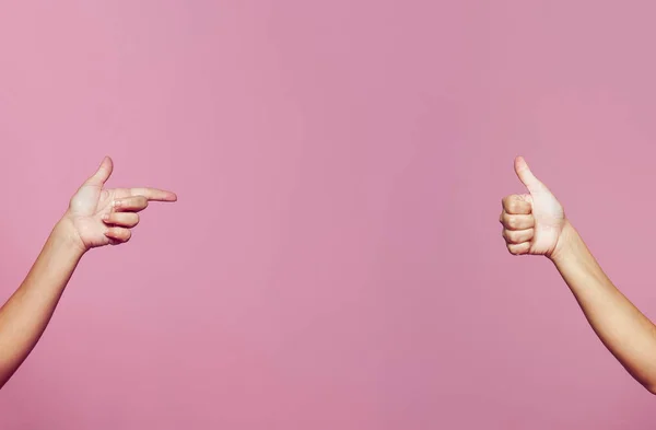 Two Female Hands Pointing Thump Isolated Pink Background — Photo