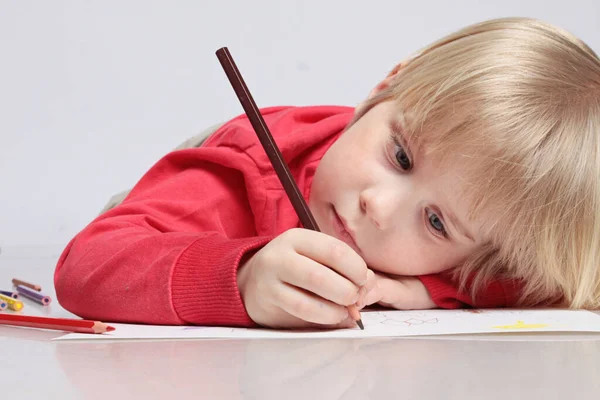 Adorable Little Boy Drawing Picture Close Portrait Kid Pencils — Stock Photo, Image