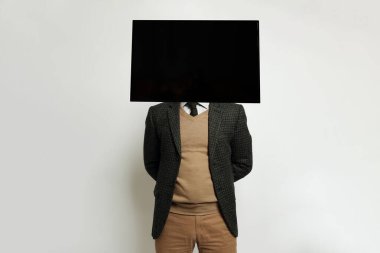 Surreal concept man with lcd television over his head on white background
