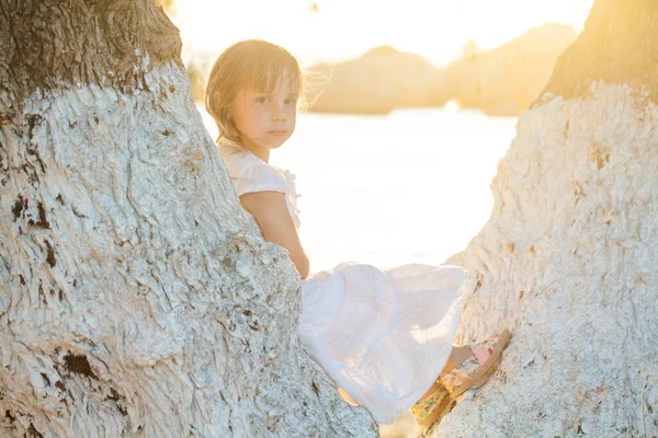 Чарівна Маленька Дівчинка Дивиться Камеру Відкритому Повітрі — стокове фото