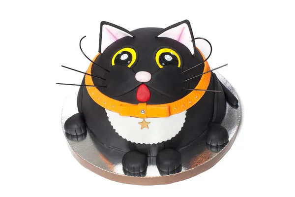 Creative Halloween Party Cake Black Cat Isolated White Background — Stock Photo, Image