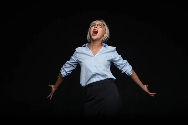 Angry Businesswoman Screaming Black Background — Stockfoto