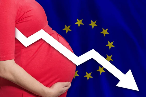 Pregnant Woman European Union Flag Background Falling Fertility Rate Europe — Fotografia de Stock