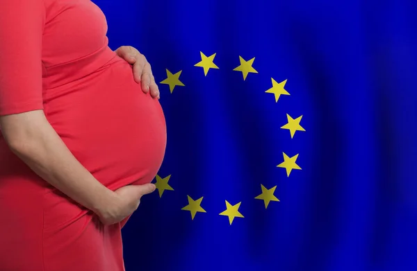 European Pregnant Woman Belly European Union Flag Background — Fotografia de Stock