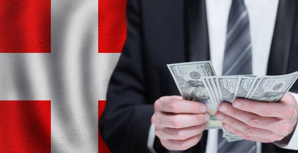 Hands Holding Dollar Money Flag Denmark — Photo