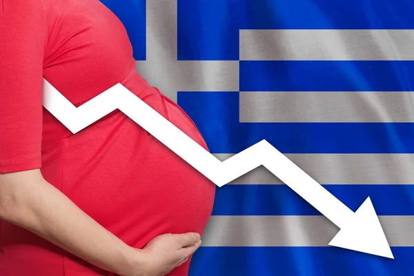 Грецька Вагітна Жінка Грецькому Прапорі Рівень Народжуваності Греції Стокове Зображення