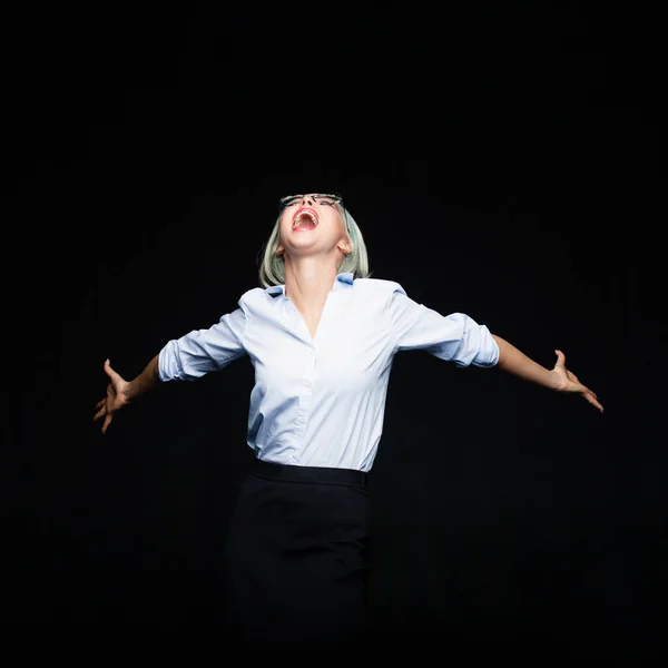 Happy Screaming Young Woman Black Background Win Concept — ストック写真