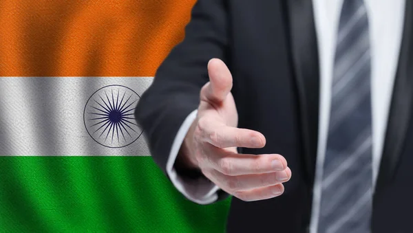 Indian Business Politics Cooperation Travel Concept Hand Flag Iindia Background — Stock Photo, Image