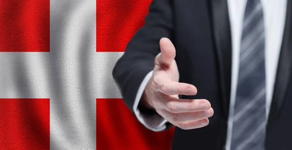 Welcome Denmark Hand Danish Flag Background Business Politics Cooperation Travel —  Fotos de Stock