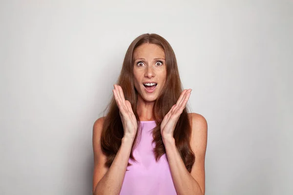 Excited Shocked Cute Happy Smiling Woman Open Mouth Lifestyle Portrait — Stock Photo, Image