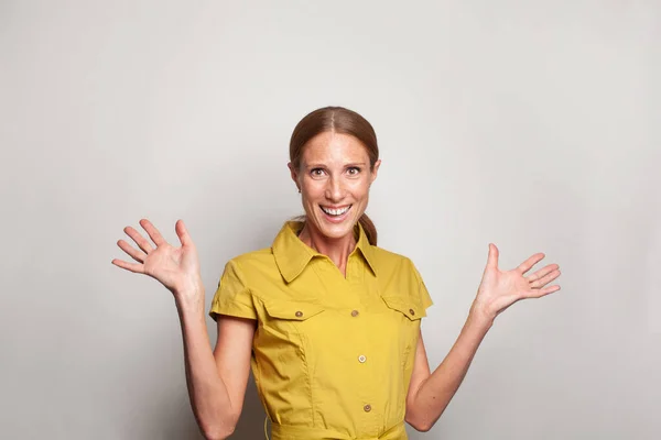Stylish Emotiona Smiling Surprised Woman Standing Hand Gesture Human Emotions —  Fotos de Stock