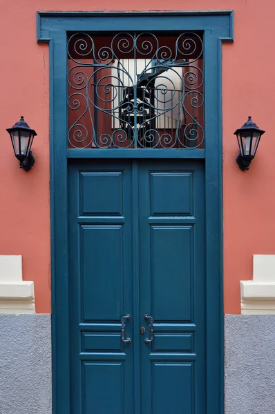 Blue door with antique iron pattern — Stock Photo, Image