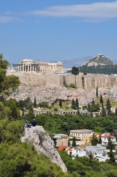 Pohled na Akropoli z philopappos kopce — Stock fotografie