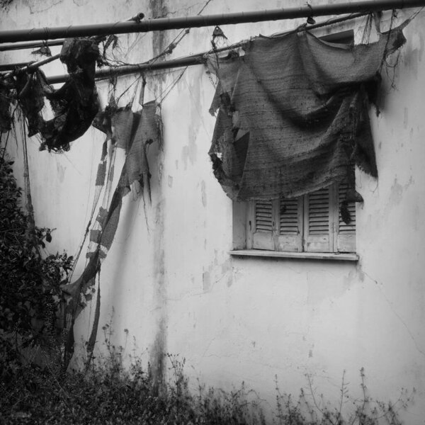Torn Garden Tent Window Shutter Abandoned House Exterior Black White Stock Picture