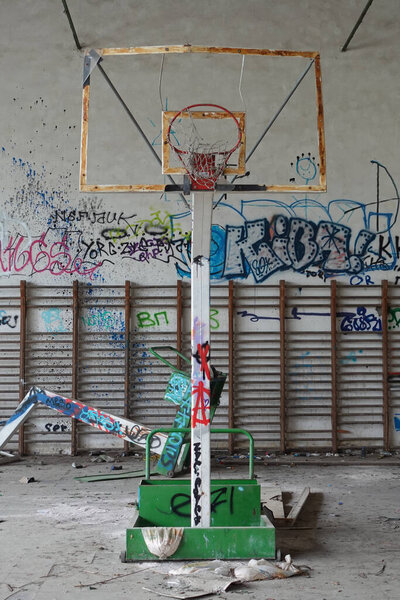 Athens Greece April 2022 Basketball Hoop Broken Backboard Abandoned Gym Stock Image
