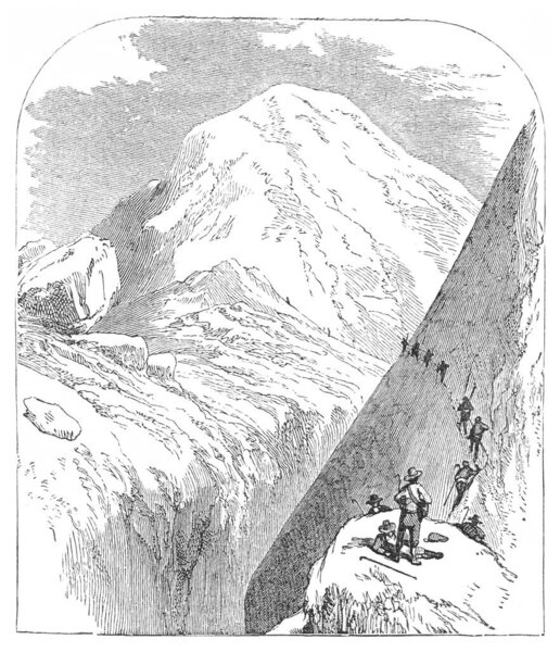 People Ascending Mont Blanc Mountain Vintage Engraving Antique Book Nature Stock Picture