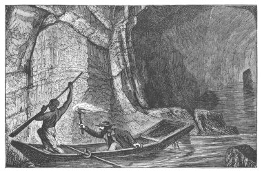 Kürek çeken iki adam 1867 'de Londra İngiltere' de yayınlanan antik Nature Wonders kitabından esinlenerek Kentucky 'deki Mamut Mağarası' nda nehri keşfediyorlar. Bu sanat eserinin telif hakkı sona erdi.