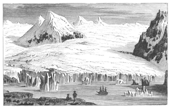 People looking at ship passing through icy waters at Spitsbergen Norway engraving from antique book Natures Wonders published in London UK, 1867.