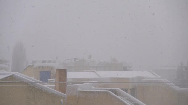 Snow Falling Rooftops Chimneys Winter Slow Motion — ストック動画