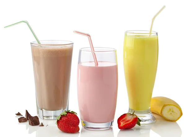Strawberry, chocolate and banana milkshakes — Stock Photo, Image