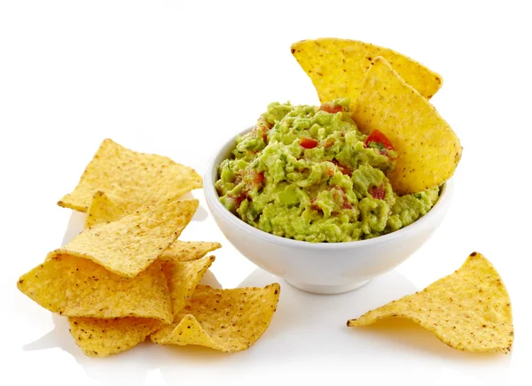 Mergulho de guacamole e nachos — Fotografia de Stock