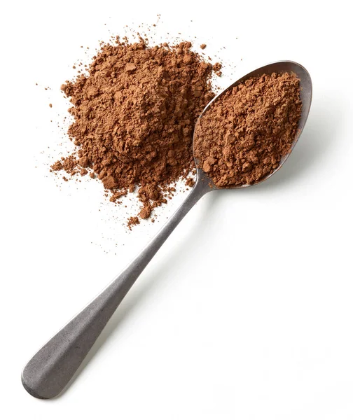 Cumulo Cucchiaio Cacao Polvere Isolato Sfondo Bianco Vista Dall Alto — Foto Stock