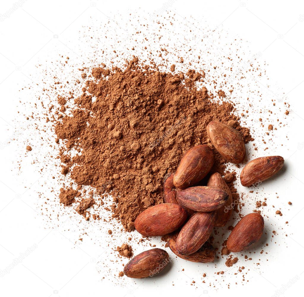 Heap of cocoa powder and beans isolated on white background, top view
