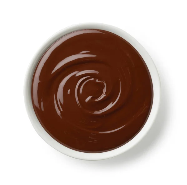 Bowl Melted Dark Chocolate Isolated White Background Top View — Photo