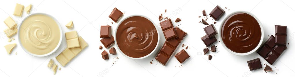 Set of various melted chocolate bowls (dark, milk and white) and pieces of broken chocolate bars isolated on white background, top view