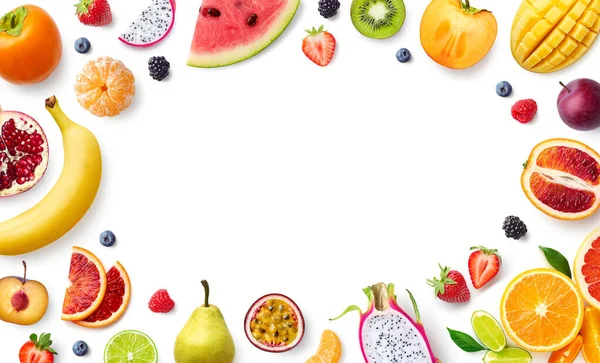 白い背景に様々な新鮮な色の果物のフレーム トップビュー コピースペース 健康的な食事 — ストック写真