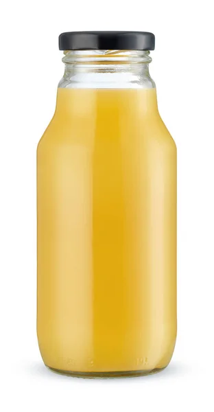 Transparante Glazen Fles Sinaasappelsap Geïsoleerd Witte Achtergrond Vooraanzicht Mockup Zonder — Stockfoto