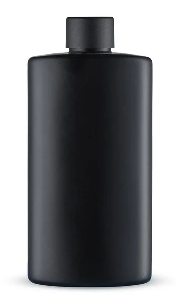 Botella Cosmética Plástico Negro Aislada Sobre Fondo Blanco Vista Frontal —  Fotos de Stock