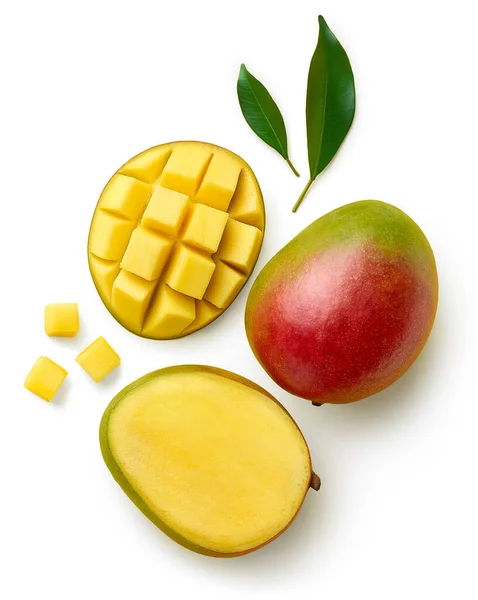 Fresh Whole Half Sliced Fresh Ripe Mango Fruit Leaves Isolated — Foto Stock
