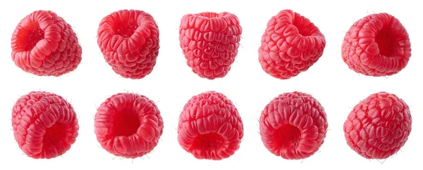Collection Set Various Fresh Ripe Raspberries Isolated White Background — Stock Photo, Image