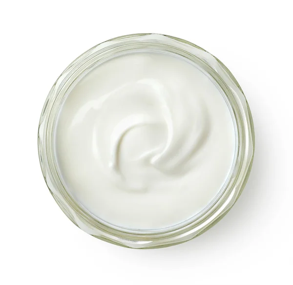 Vaso Vetro Yogurt Greco Fresco Isolato Sfondo Bianco Vista Dall — Foto Stock