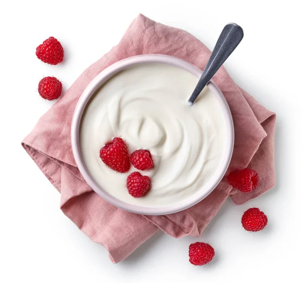 Różowa Miska Greckiego Jogurtu Świeżych Malin Serwetce Lnianej Izolowane Białym — Zdjęcie stockowe