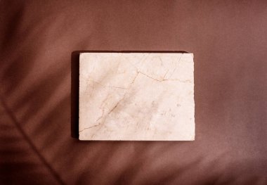 Lüks mermer ve tropikal palmiye gölgeli kahverengi kağıt arkaplan. Egzotik bitki gölgeleme düzenine sahip doğal madde. Yaprak silueti kaplamalı minimal düz ürün podyumu.