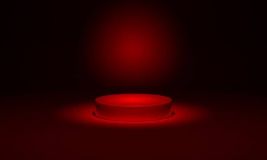 Kırmızı podyum kaidesi üzerinde daire şeklinde spot ışığı. Lüks ürün gösterim modeli. Koyu arkaplan sahnesinde 3D görüntüleme.
