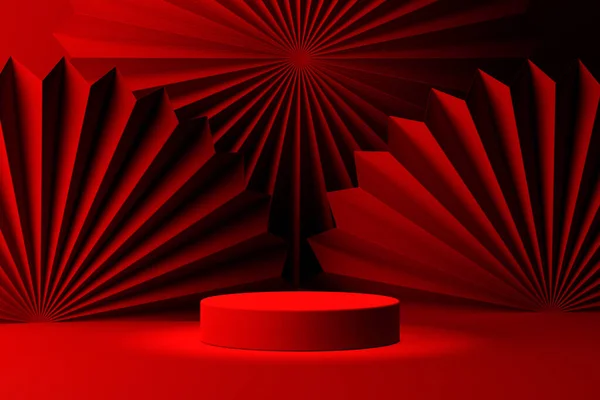 Red Product Stage Platform Red Asian Paper Fan Composition Luxury — Stock Photo, Image