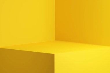 Sarı arka plan stüdyo iç mekan. Minimalist ürün sahne modeli. Ürün yerleştirme için 3d kare boş alan oluşturma.