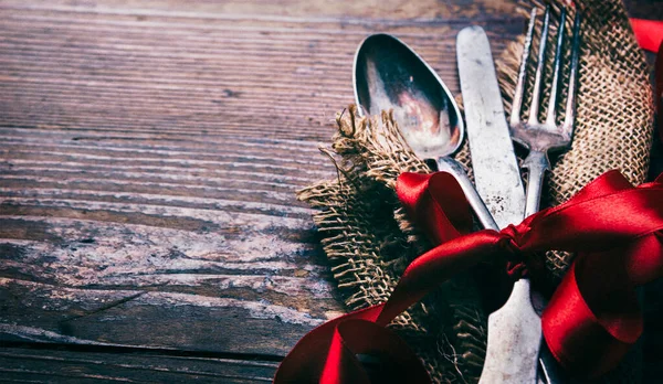 Valentines Dinner Background Vintage Silverware Red Ribbon Wooden Table Luxury — стоковое фото