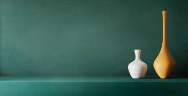 Gök mavisi alçı desenli duvarda seramik vazolarla asgari interyon tasarımı. Tarafsız ev dekorasyonlu bir sergi salonu. Tarafsız estetik ev mimarisi arka planı. 