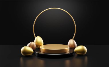 Altın Paskalya yumurtaları ve sahne ışıkları siyah masanın üzerinde. Paskalya bayramı ürün modeli. Lüks altın ve bronz prim kaidesi. 3d çizim illüstrasyonu