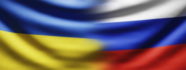 Ukrayna ve Rusya çatışması. Ukrayna ve Rusya bayrağı gerginlik, kriz, sınır ve Kyew ile Moskova arasındaki savaşı resmediyor.